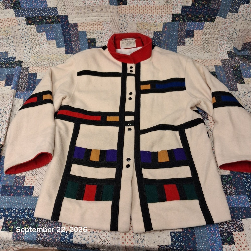 80s Vintage Mondrian Wool Coat Womens 13 14 L Colorblock Geometric Bauhaus Vtg